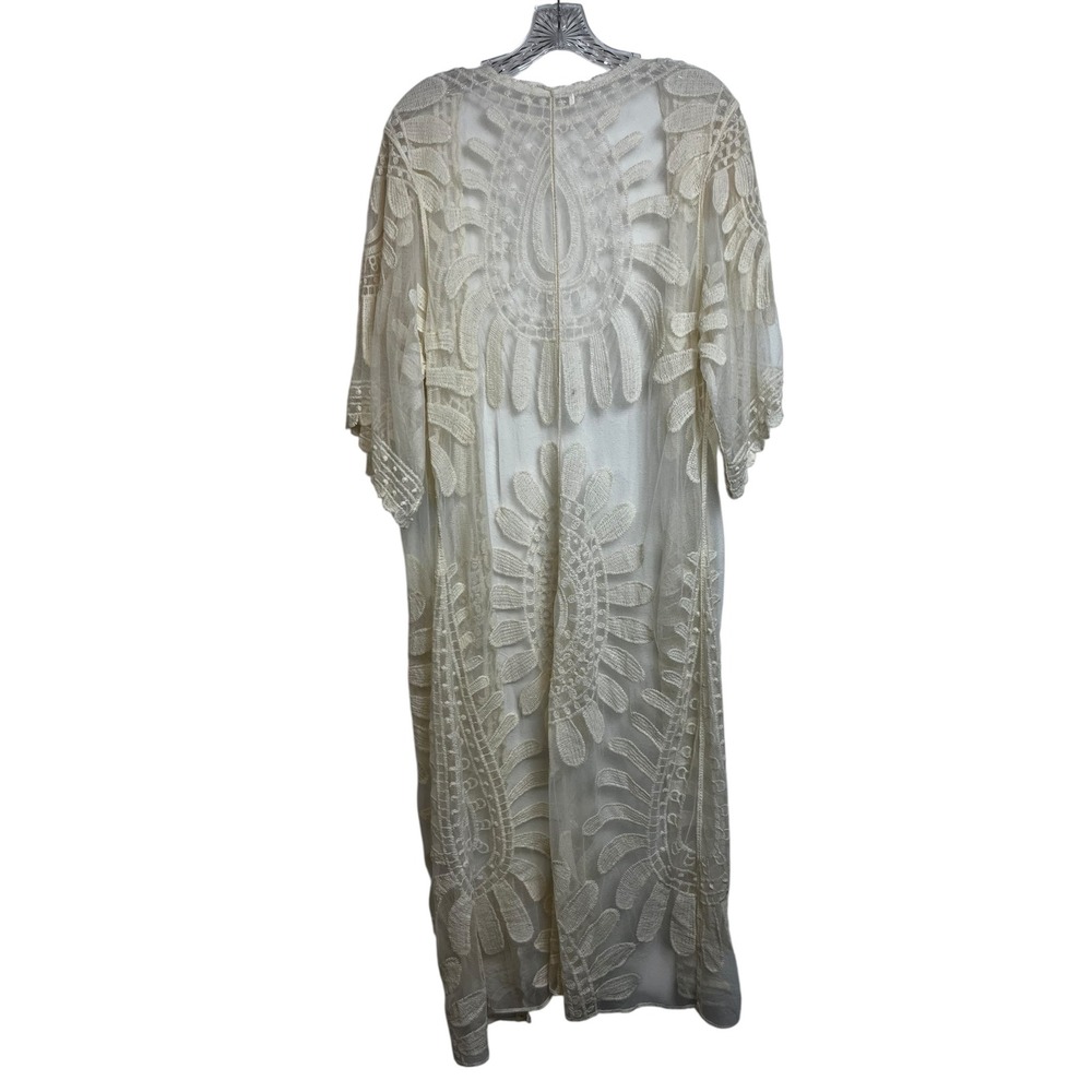 Cream Floral Lace Mesh Duster Cardigan Sheer Boho Longline Coverup One Size - Picture 5 of 6